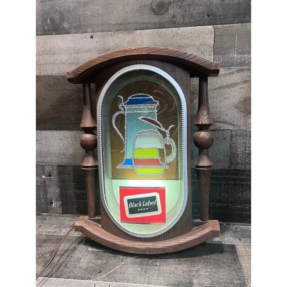 Vintage Black Label Beer Light Up Bar Sign Faux Stained Glass Wood Frame Retro
